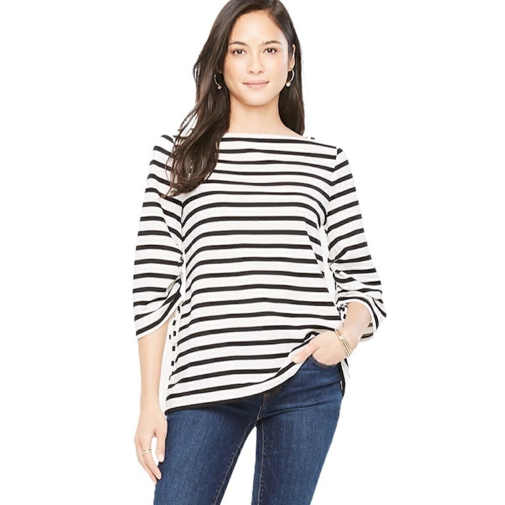 Euc Ann Taylor Square Neck Striped Ruched Sleeve Tunic Top sz medium